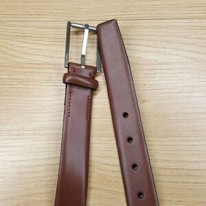 CALVIN KLEIN Belt Mens Size 42 Brown Cognac Genuine Leather Silver Logo Buckle
